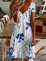 Casual Leaf Print V-neck Short Sleeve Dress