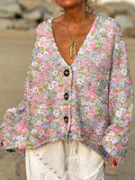 Women's Floral Pattern Art PrintV-neck Long Sleeve Casual Pullover Sweater