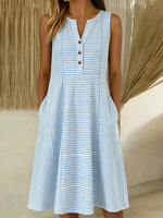 Blue Striped Sleeveless Henley Midi Dress