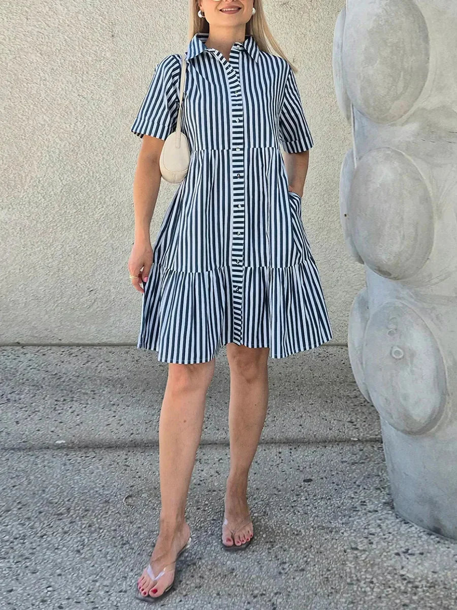 Blue Stripe Short Sleeve Tiered Button-Front Shirt Dress