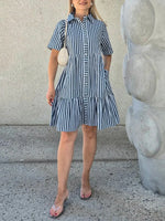 Blue Stripe Short Sleeve Tiered Button-Front Shirt Dress