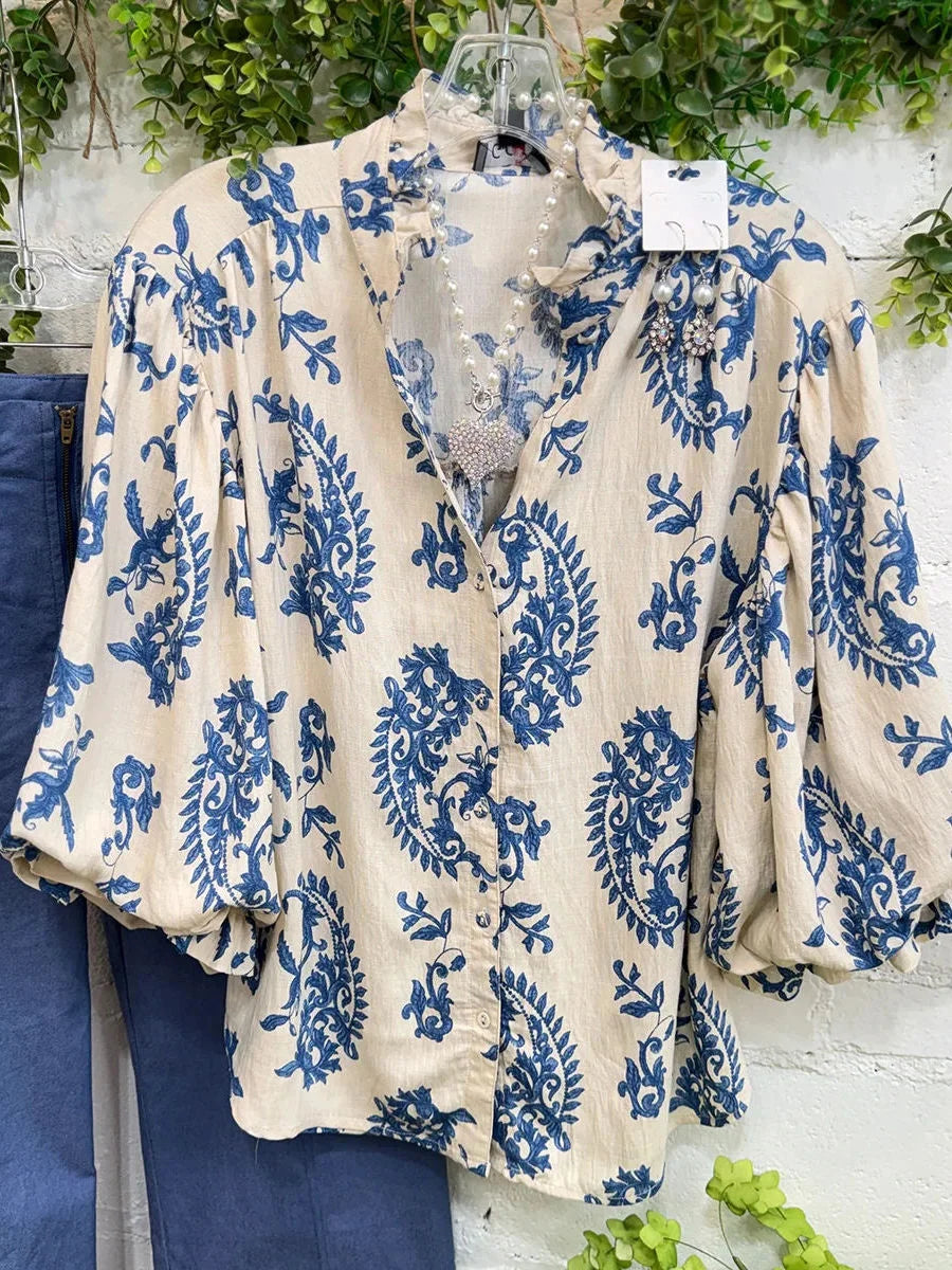 Blue Paisley Ruffle Neck Puff 3/4 Sleeve Button Shirt