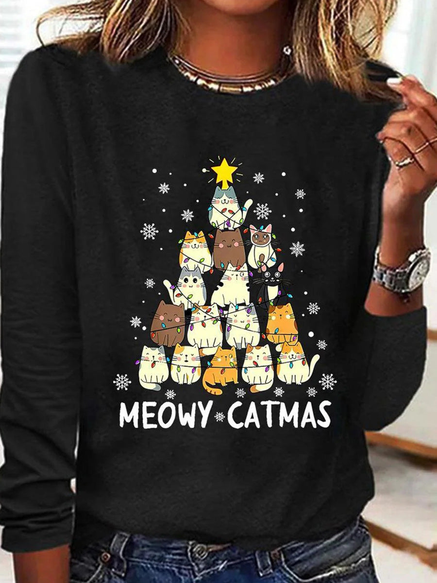 Cute Cat Christmas Tree Round Neck Long Sleeve Top