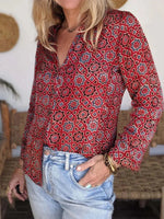 Vibrant Red Moroccan Print Long Sleeve Button Down Blouse