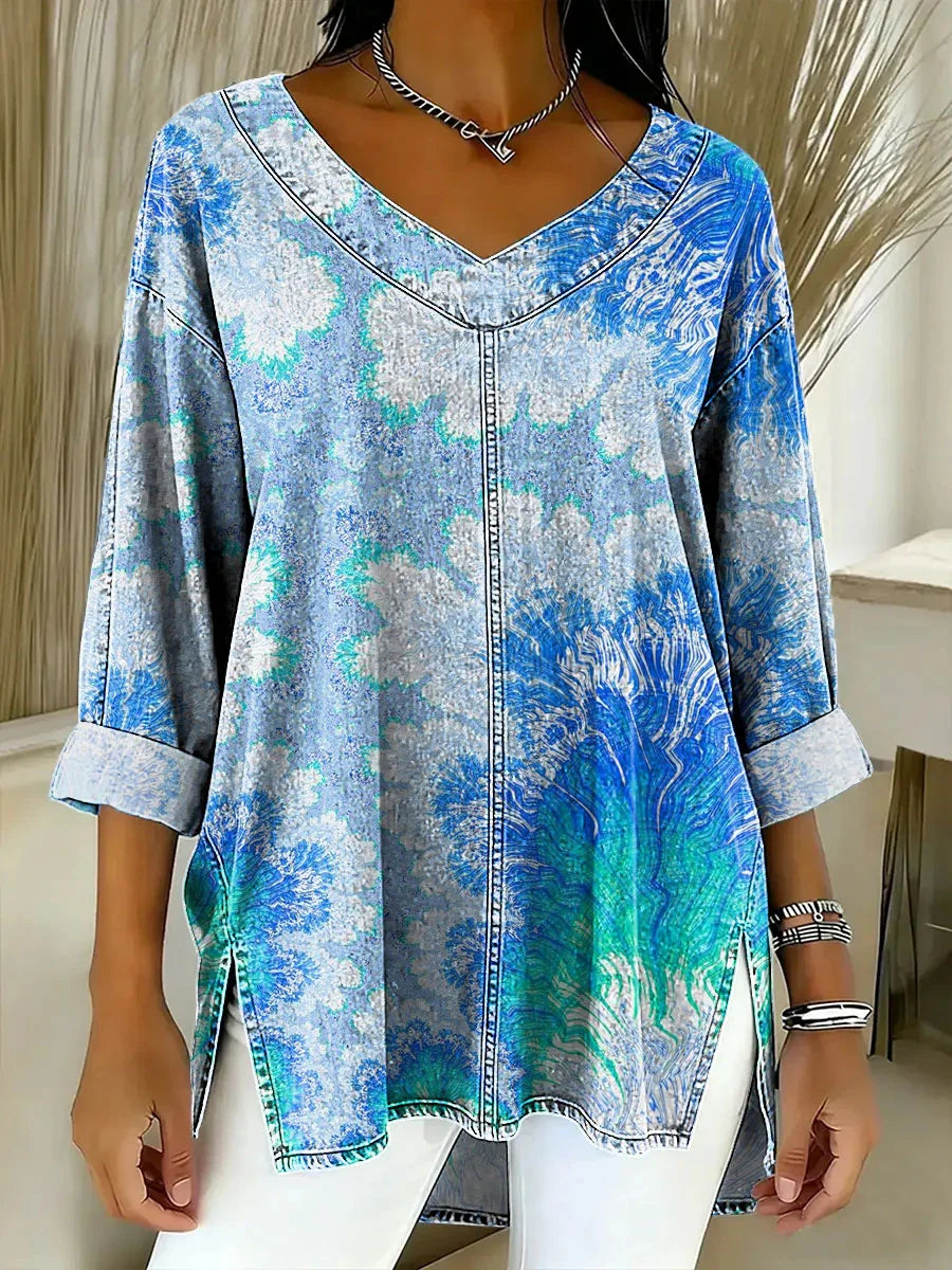 Women's Retro Gradient Floral V-neck 3/4 Sleeve Top