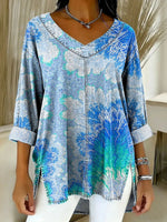 Women's Retro Gradient Floral V-neck 3/4 Sleeve Top