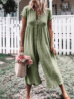 Casual Solid Button Wide Legs Short Sleeve Jumpsuit
