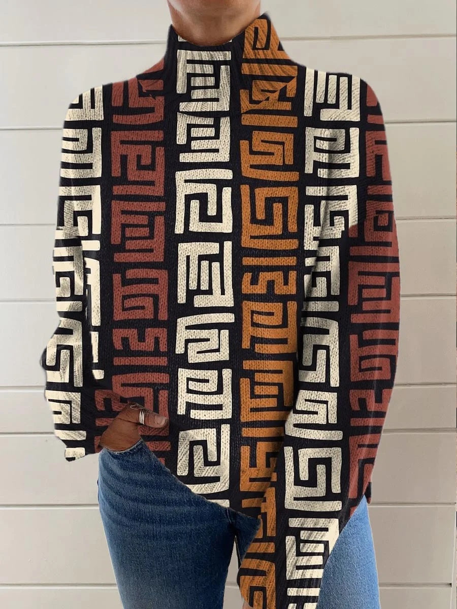 Women's Vintage Art Abstract Lines Print Long Sleeve Pullover Sweater