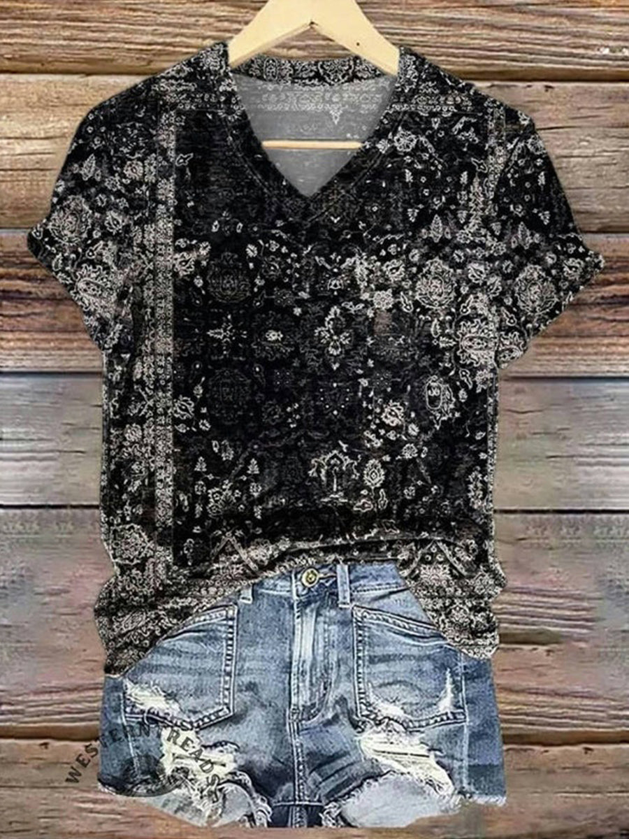 Vintage Casual V-neck Short Sleeve T-Shirt