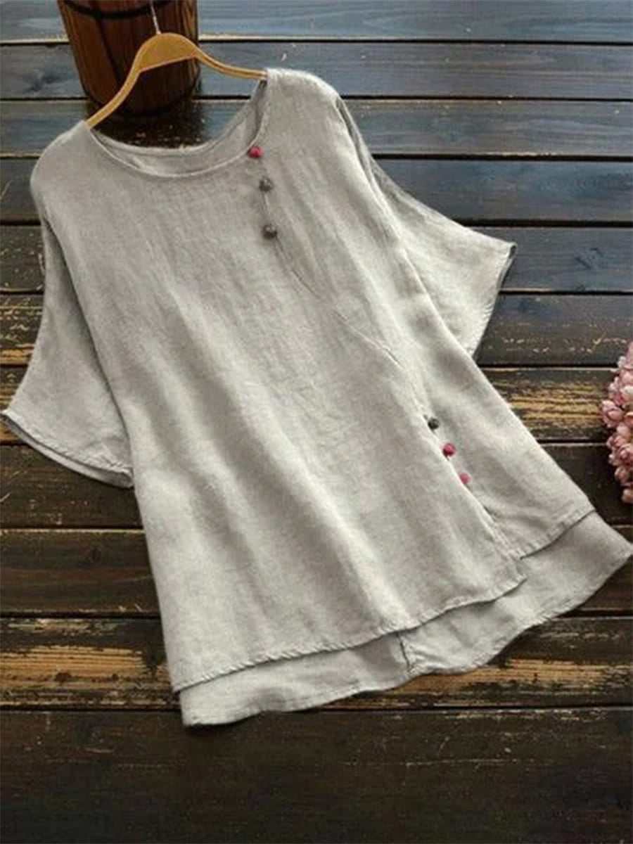Regular Solid Buttoned Crew Neck Short Sleeve T-Shirt