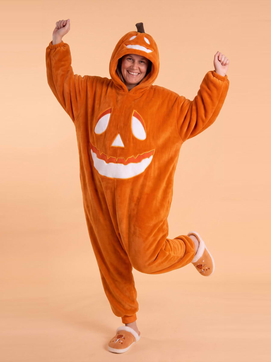 Ghost Pumpkin Hooded Onesie – Plush Halloween Jumpsuit