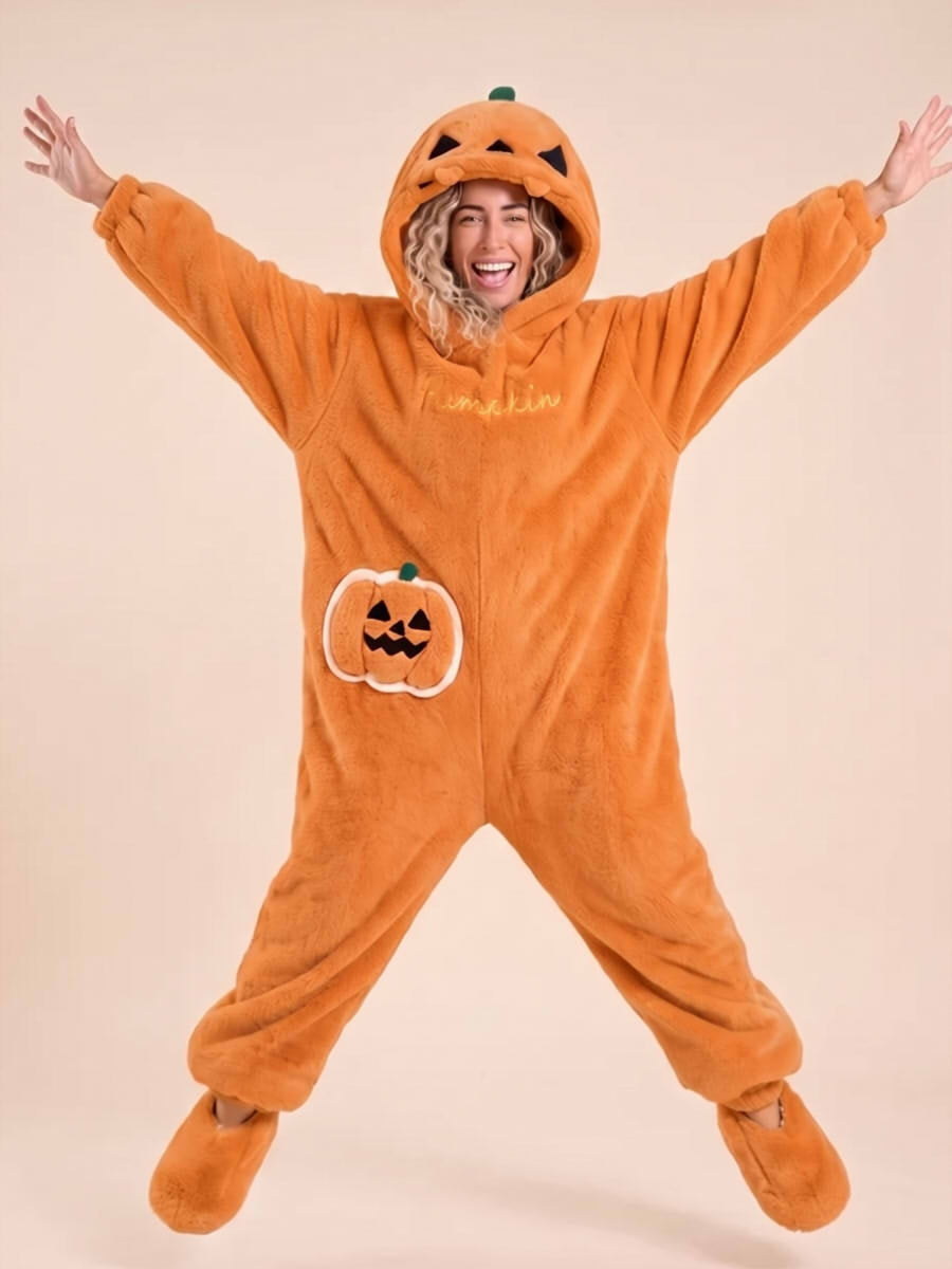 Ghost Pumpkin Hooded Onesie – Plush Halloween Jumpsuit