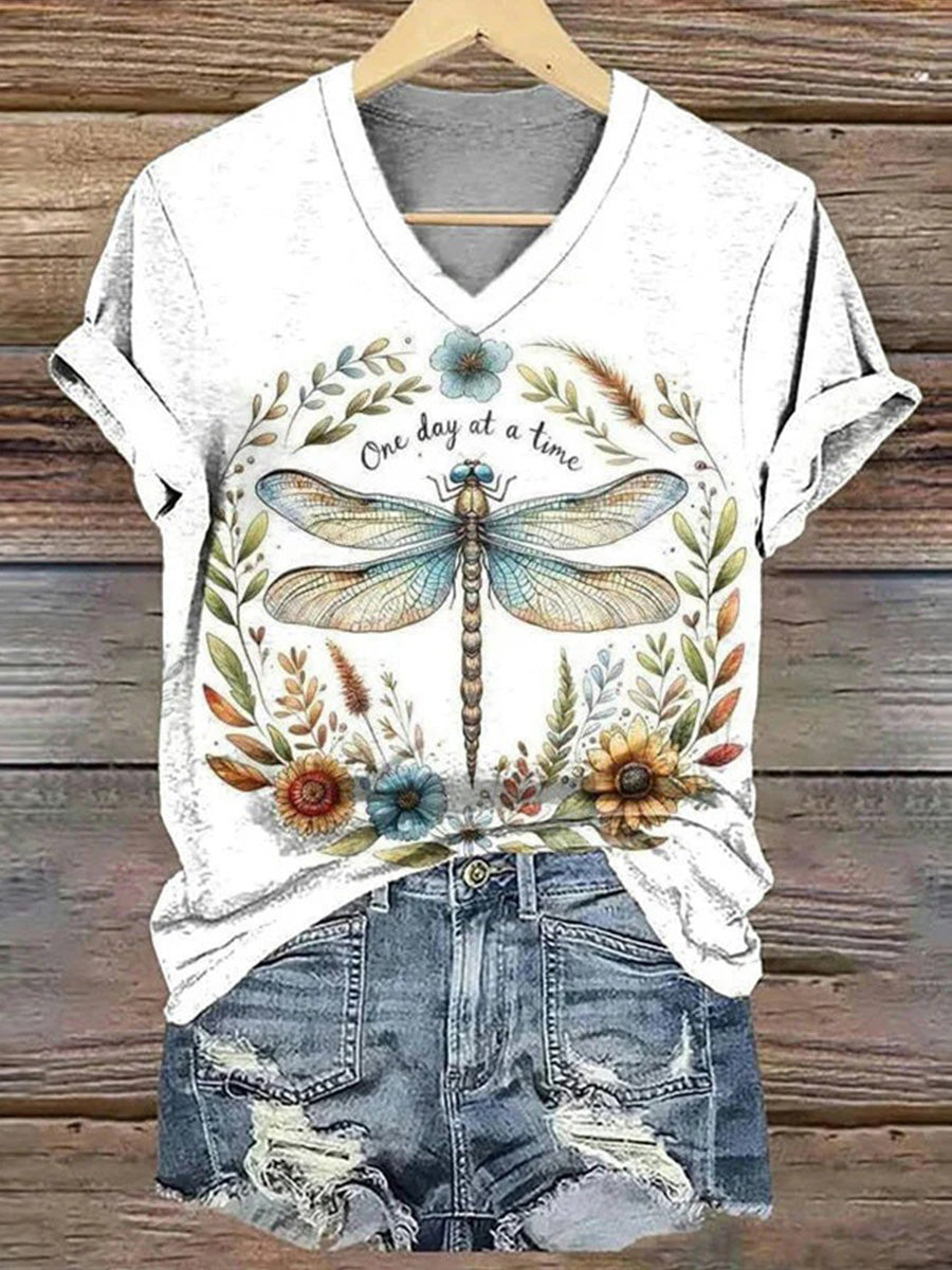Vintage Dragonfly Print V-neck Short Sleeve T-Shirt