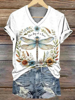 Vintage Dragonfly Print V-neck Short Sleeve T-Shirt