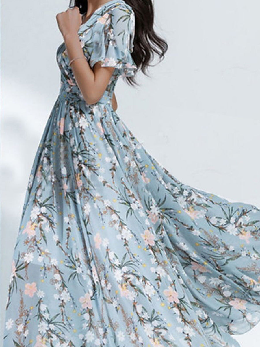 Blue Floral Print V-neck Short Sleeve Dress