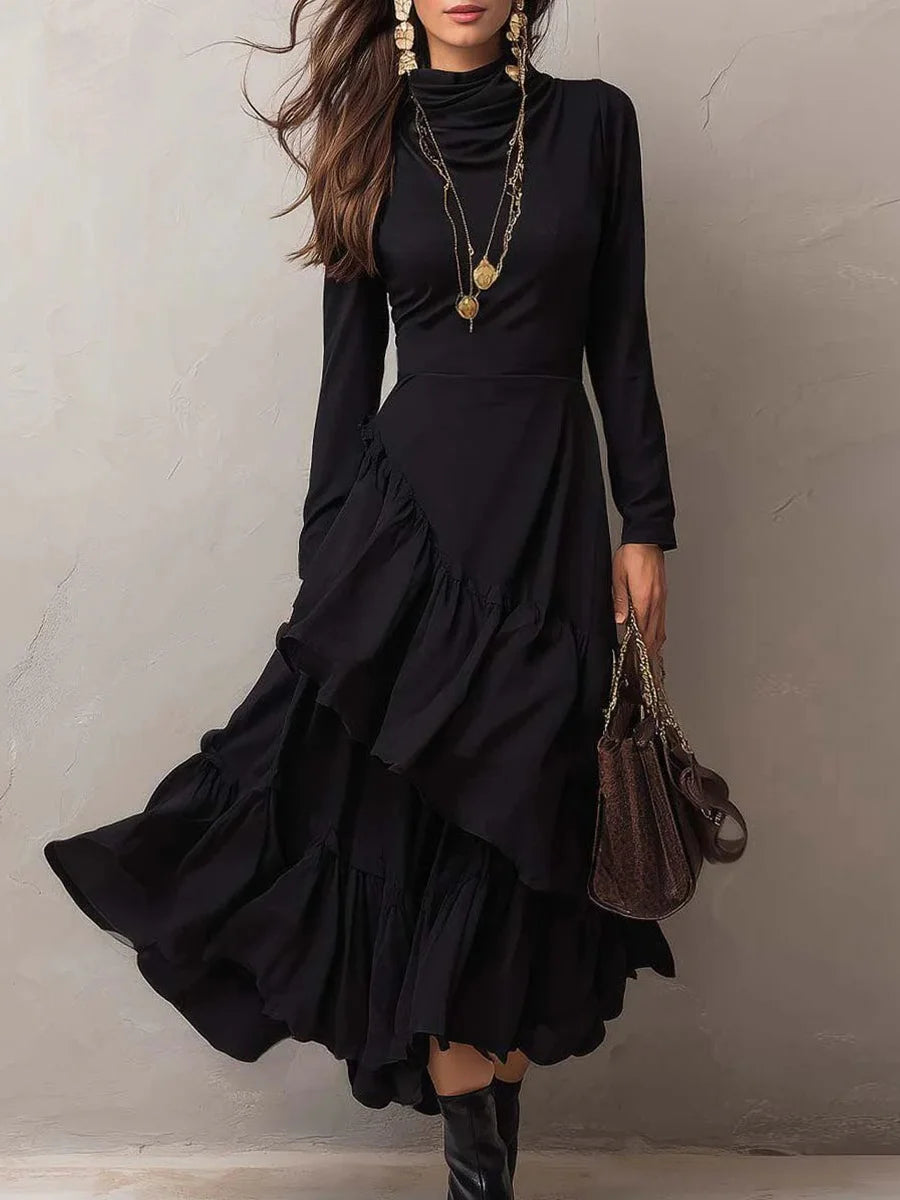 Cool Black Plain Long Sleeve Midi Dress