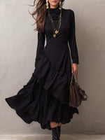 Cool Black Plain Long Sleeve Midi Dress