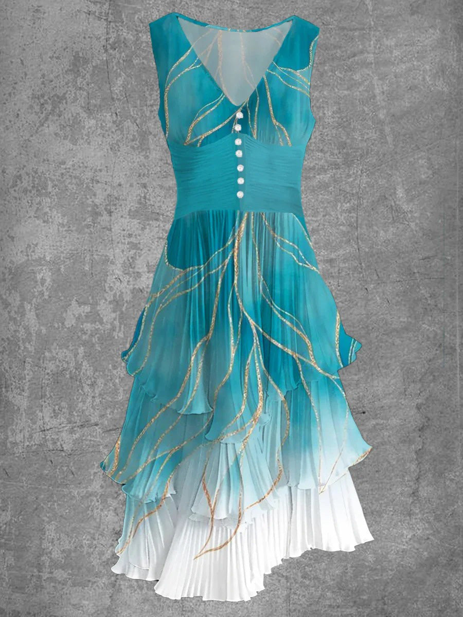 Fantasy Retro Print Sleeveless V Neck Midi Dress