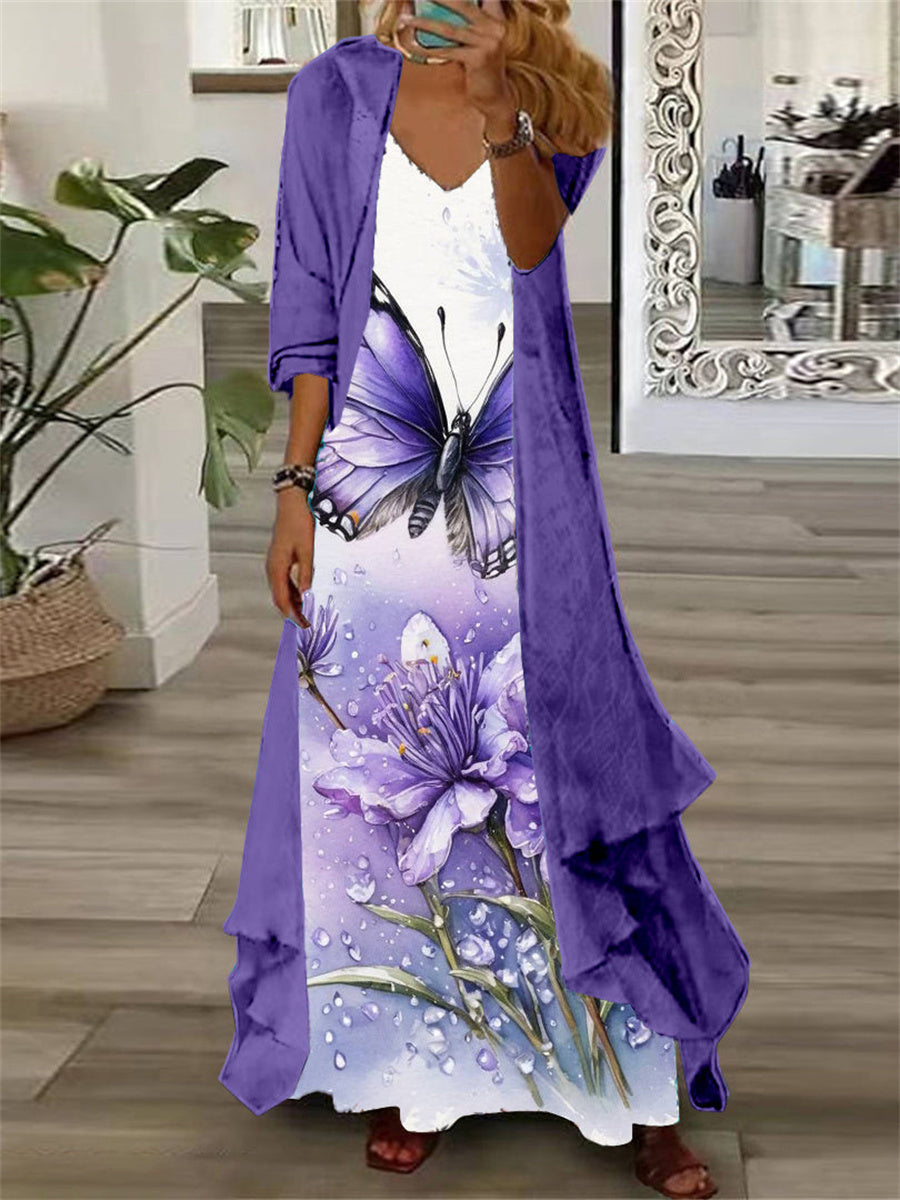 Women's Long Sleeve V-neck Graphic Printed Two Pieces Maxi Dress