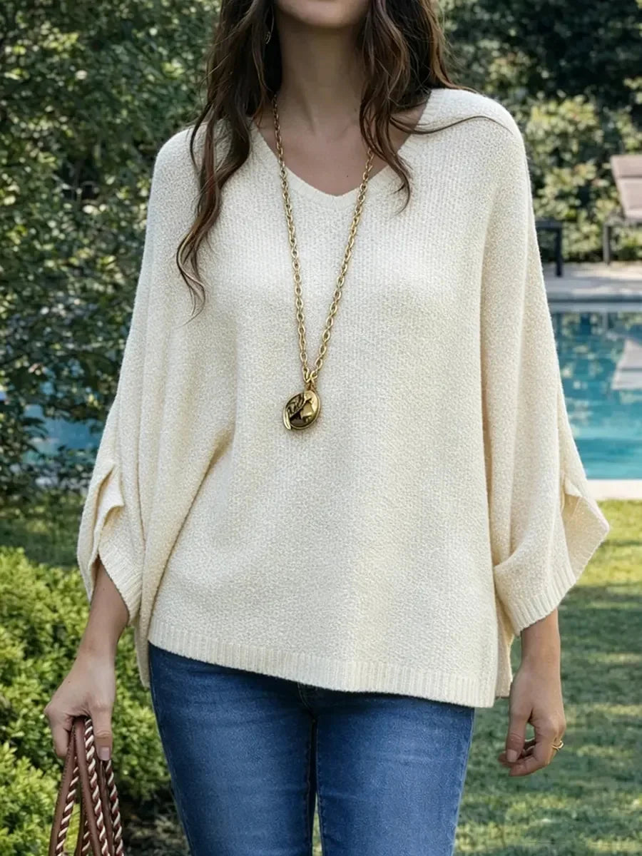 Women's V-neck Long Sleeve Casual Loose-fitting Knitted Pullover Sweater