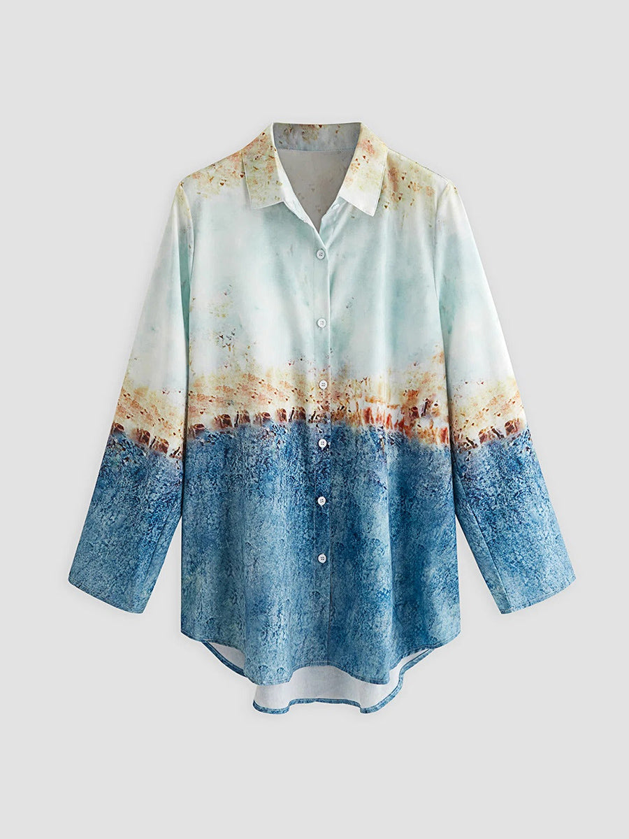 Abstract Print Lapel Long Sleeve Blouse