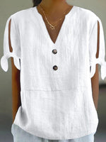 White Plain V-neck Split Sleeve Top