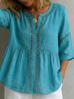 Teal Eyelet Detail Round Neck Short Sleeve Blouse