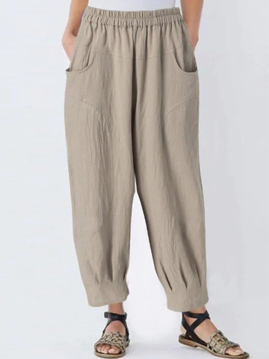 Casual Solid Paneled Side Pockets Elastic Folds Harem Pants