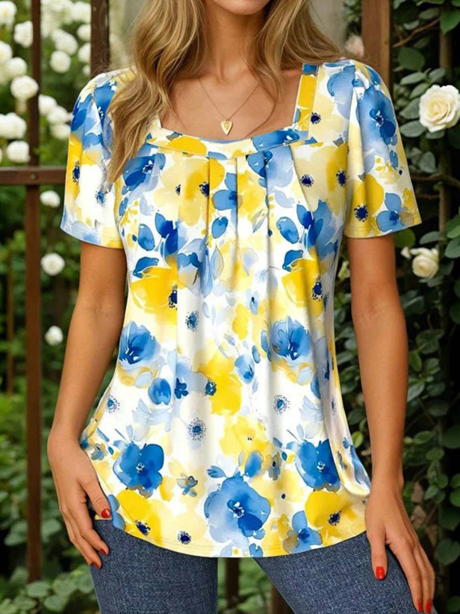 Vintage Floral Square Neck Short Sleeve Print Blouse