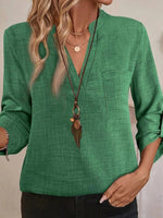 Special Green Plain V-neck Long Sleeve Top