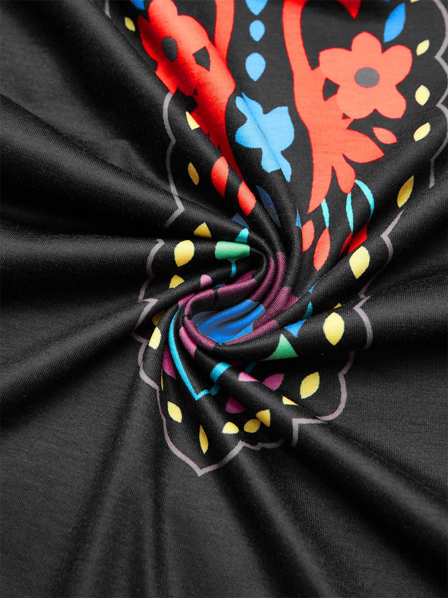 Black Floral V Neck Boho Midi Dress