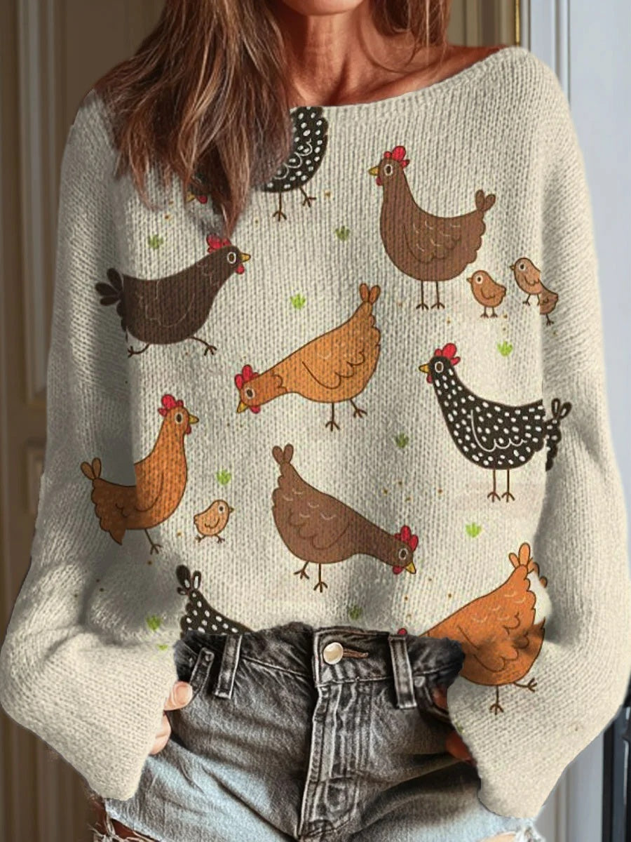 Women's Funny Chicken Art Print Casual Round Neck Long Sleeve Pullover Sweater