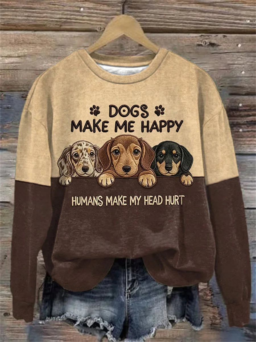 Casual Crew Neck Long Sleeve Dog Print Sweatshirt