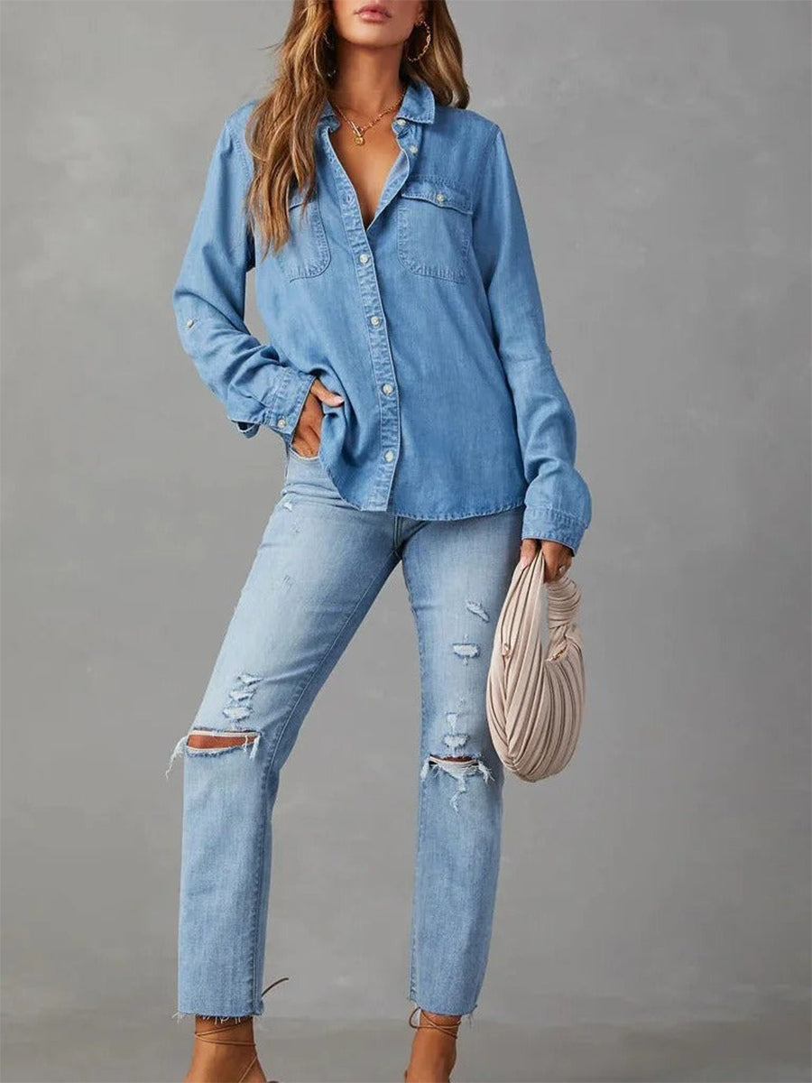 Spring Collar Denim Long Sleeve Abstract Regular Loose Blouse