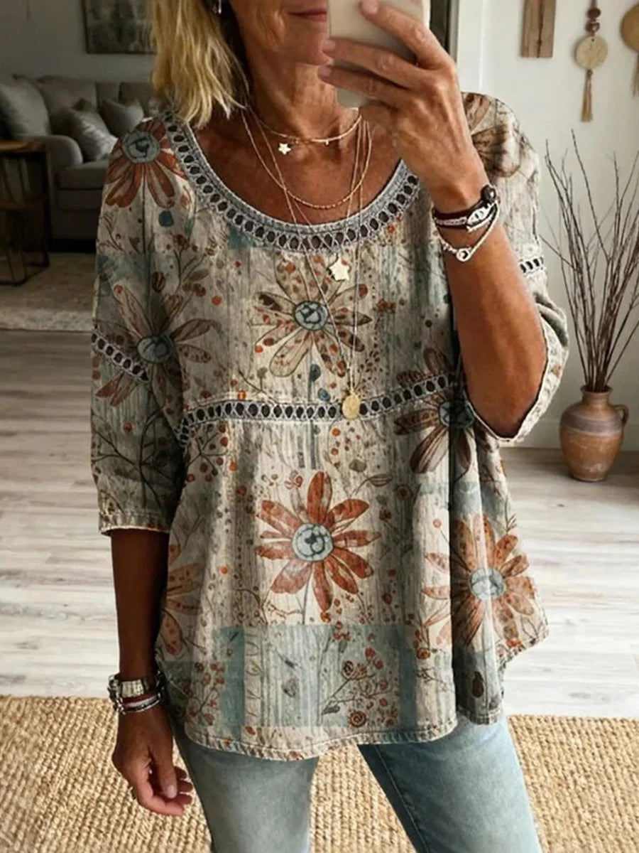 Vintage Floral Print Round Neck 3/4 Sleeve Blouse