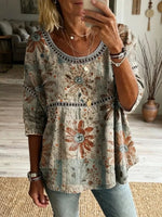 Vintage Floral Print Round Neck 3/4 Sleeve Blouse