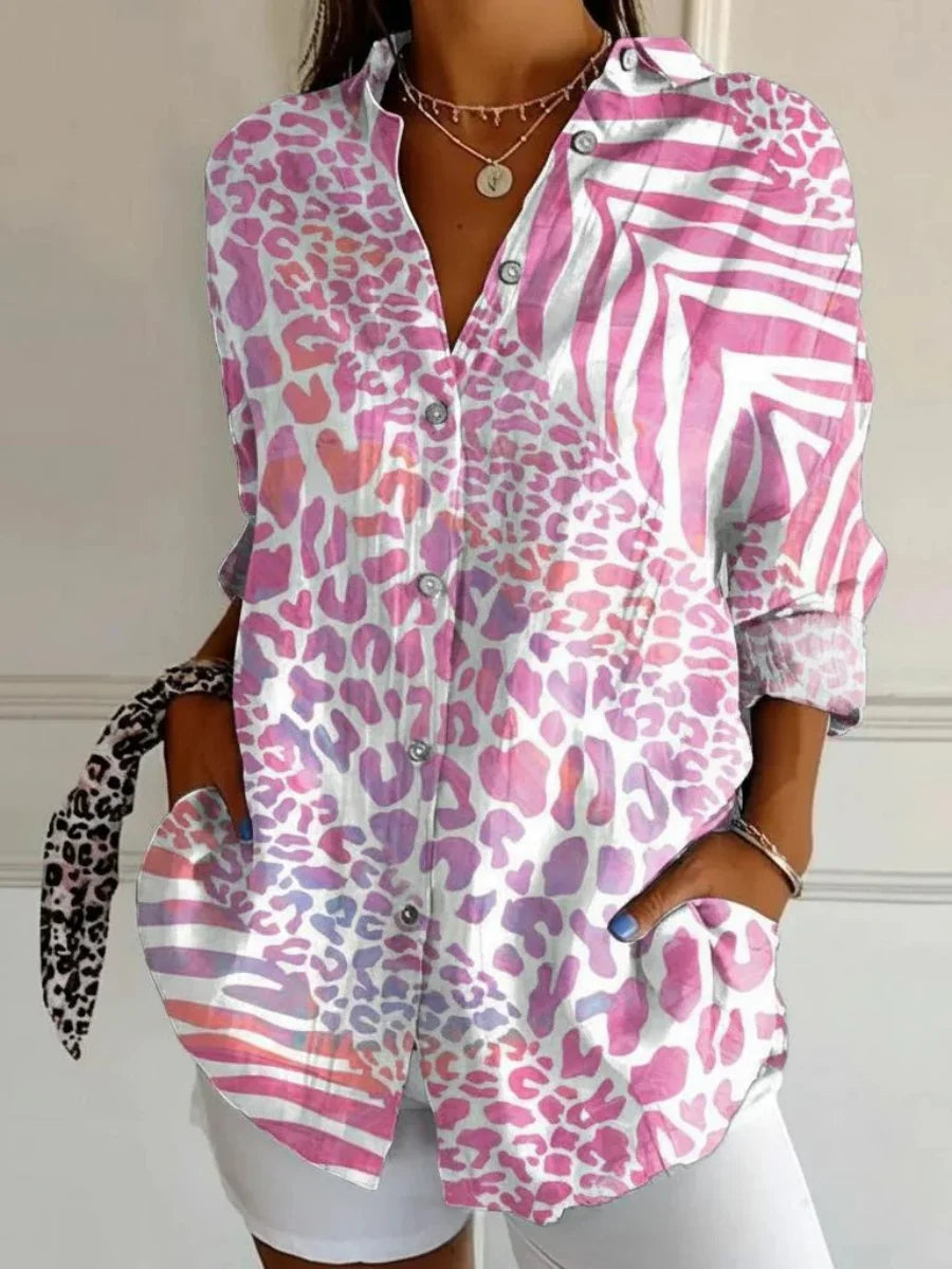 Pink Leopard Zebra Print Oversized Button-Down Long Sleeve Shirt