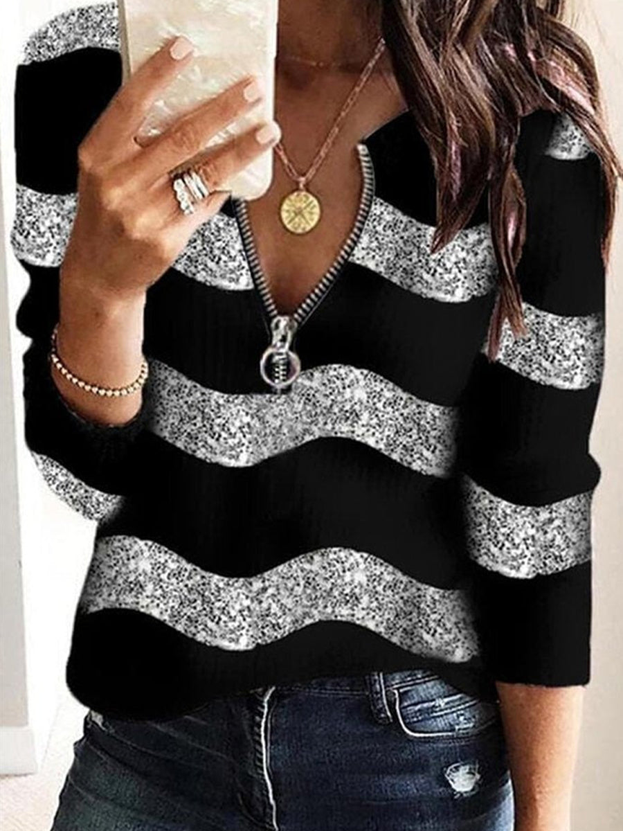Geometric Print Casual Zipper V Neck Sweatshirt