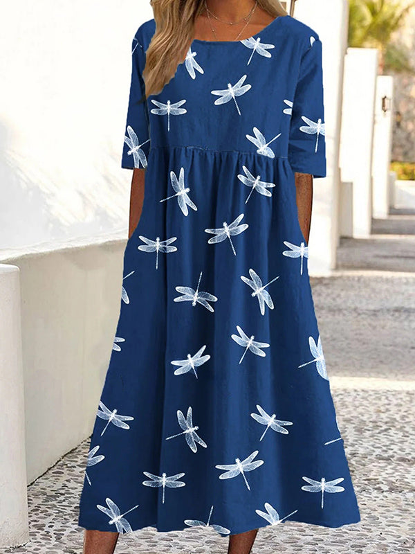 Dark Blue Casual Round Neck Short Sleeve Dragonfly Printed Dresses