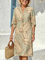 Khaki Leaf Print Roll Sleeve V Neck 3/4 Sleeve Midi Dress