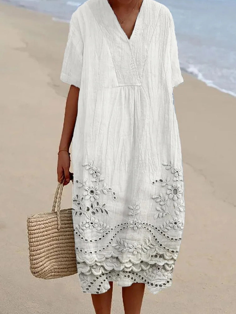 Floral Print Lace Hem V Neck Short Sleeve Flowy Dress