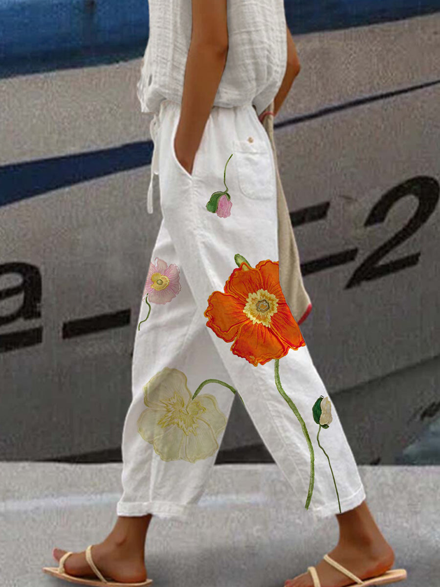 Loose Casual Floral Linen Pants