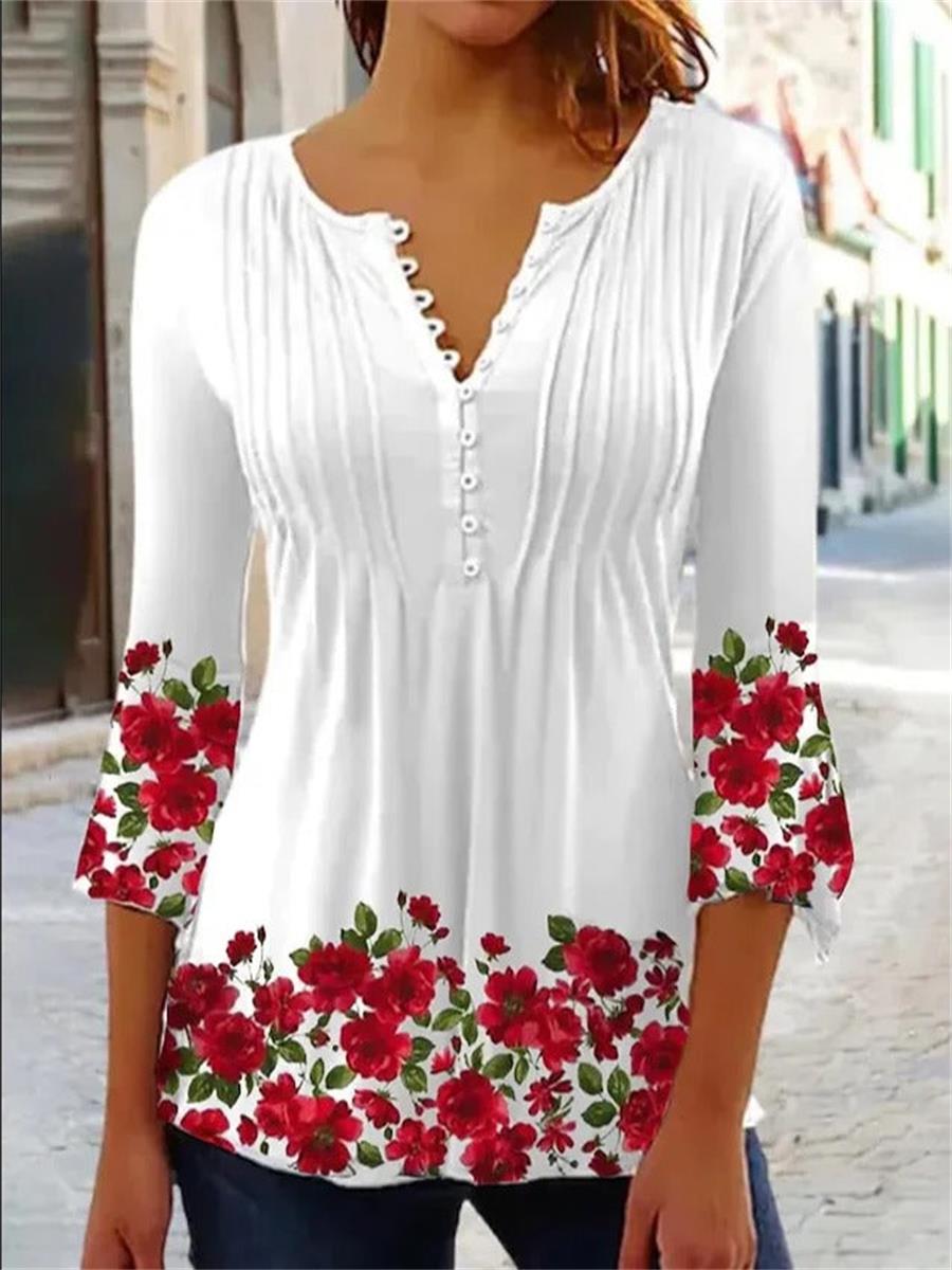 White Casual Graphic Tops V Neck Floral Printed Long Sleeve Blouse