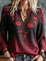 Women's Retro Celtic Knot Rose Gradient Print V-neck Long Sleeve Shirt