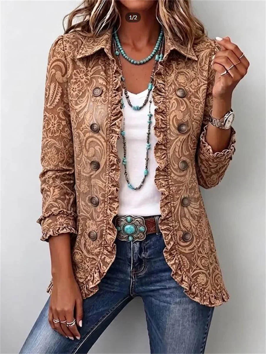 Vintage Bohemian Floral Print Ruffled Long Sleeve Jacket