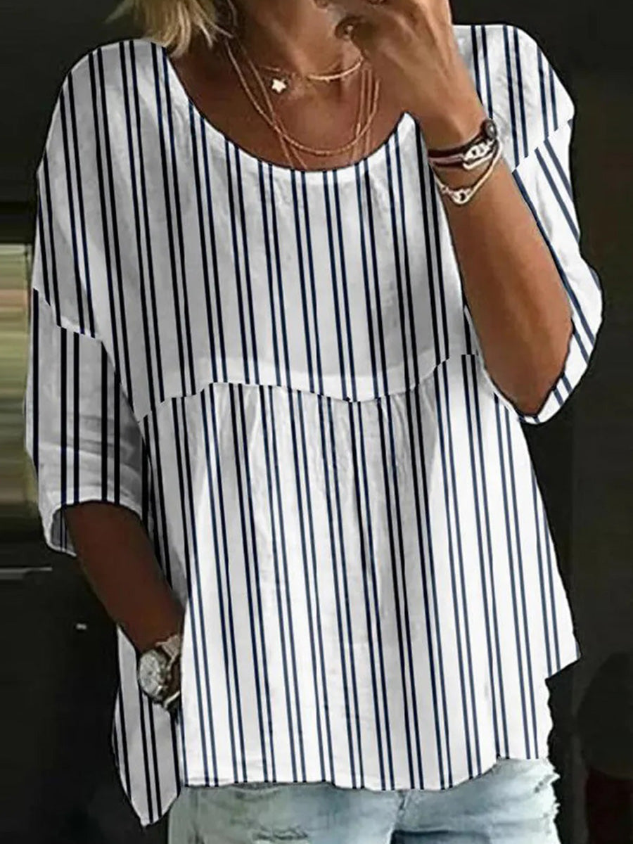 Comfy Round Neck 3/4 Sleeve Striped Top