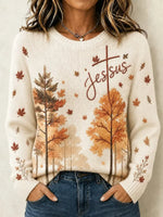Casual Maple Leaf Crew Neck Long Sleeve Sweater
