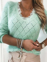 Green Casual Tops V-neck Long Sleeve Solid Sweater