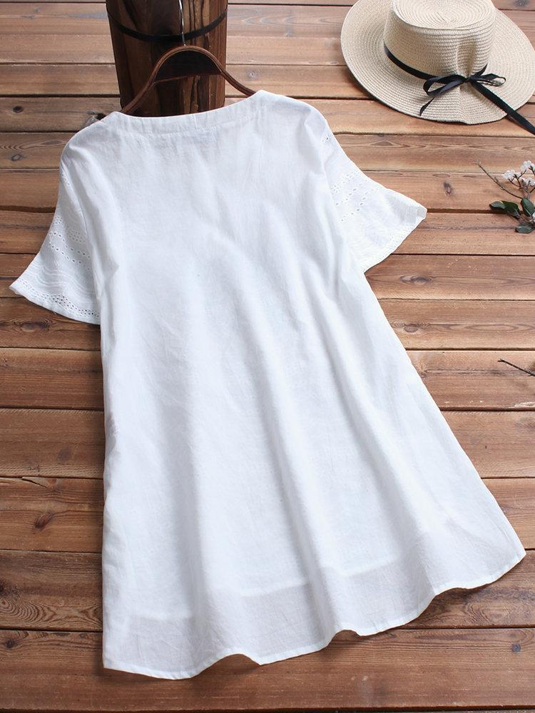 Women's Cotton Eyelet Short Sleeve Button Detail Casual Tunic Top