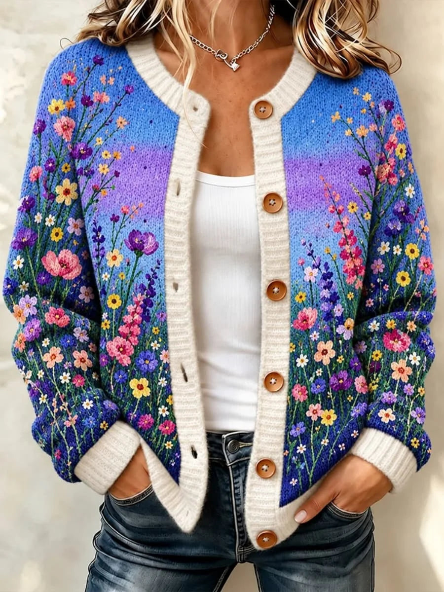 Women's Blue Vibrant Floral Botanical Print Knit Crew Neck Long Sleeve Cardigan Sweater